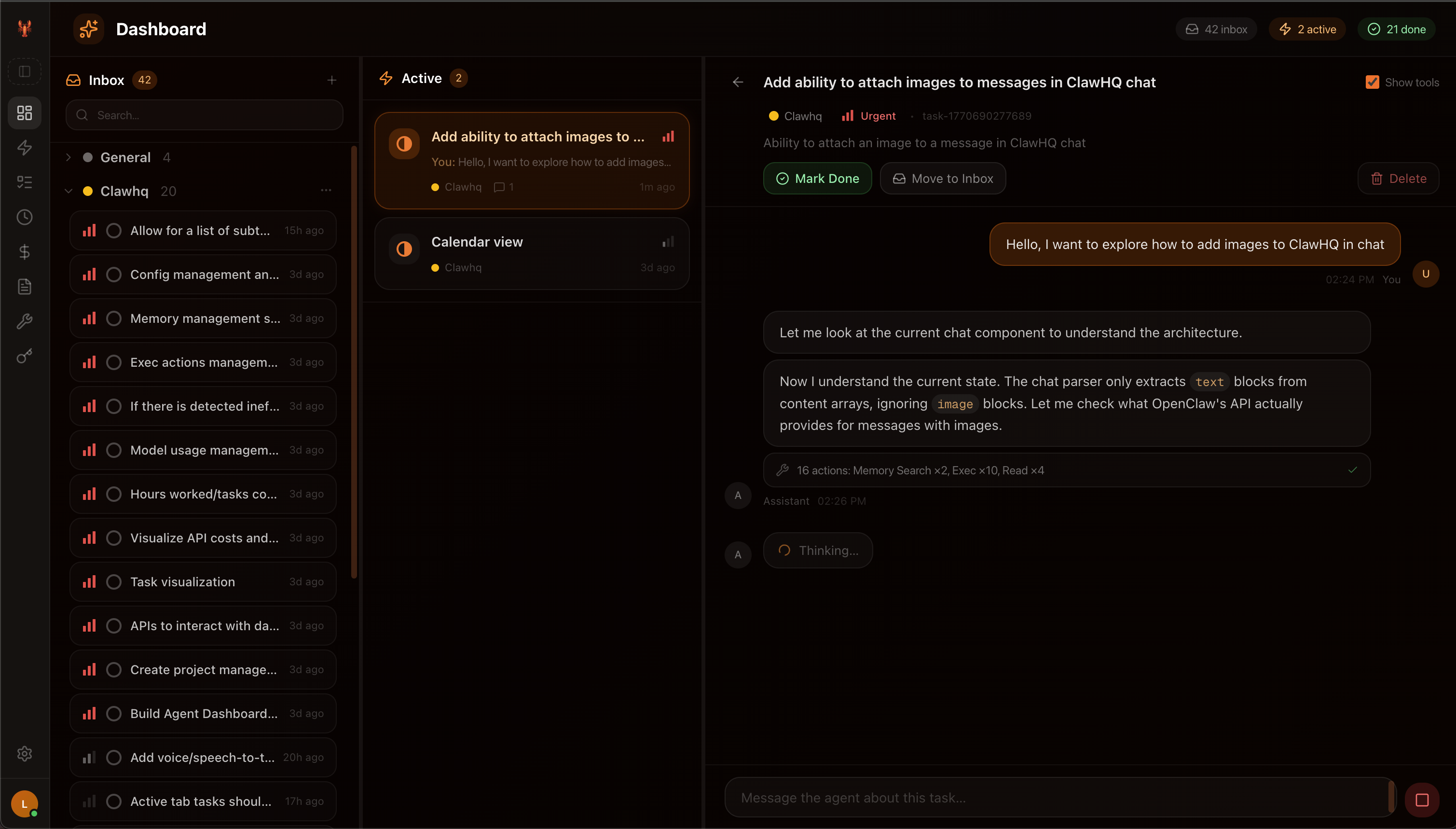 ClawHQ Dashboard โ task management with agent conversations
